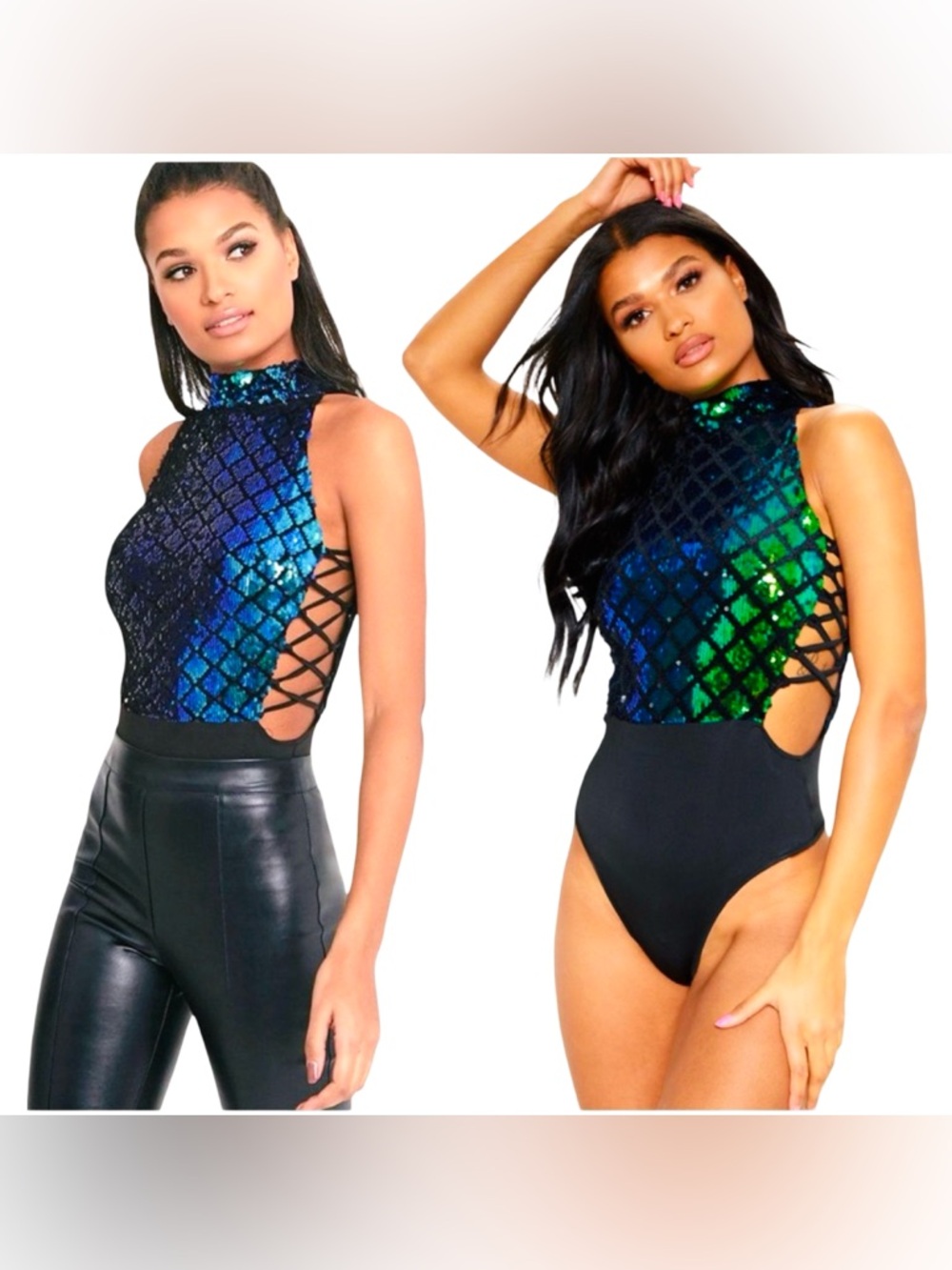 NWT ✨Pretty Little Thing Blue Sequin Mermaid Lace Up Bodysuit | Size 8